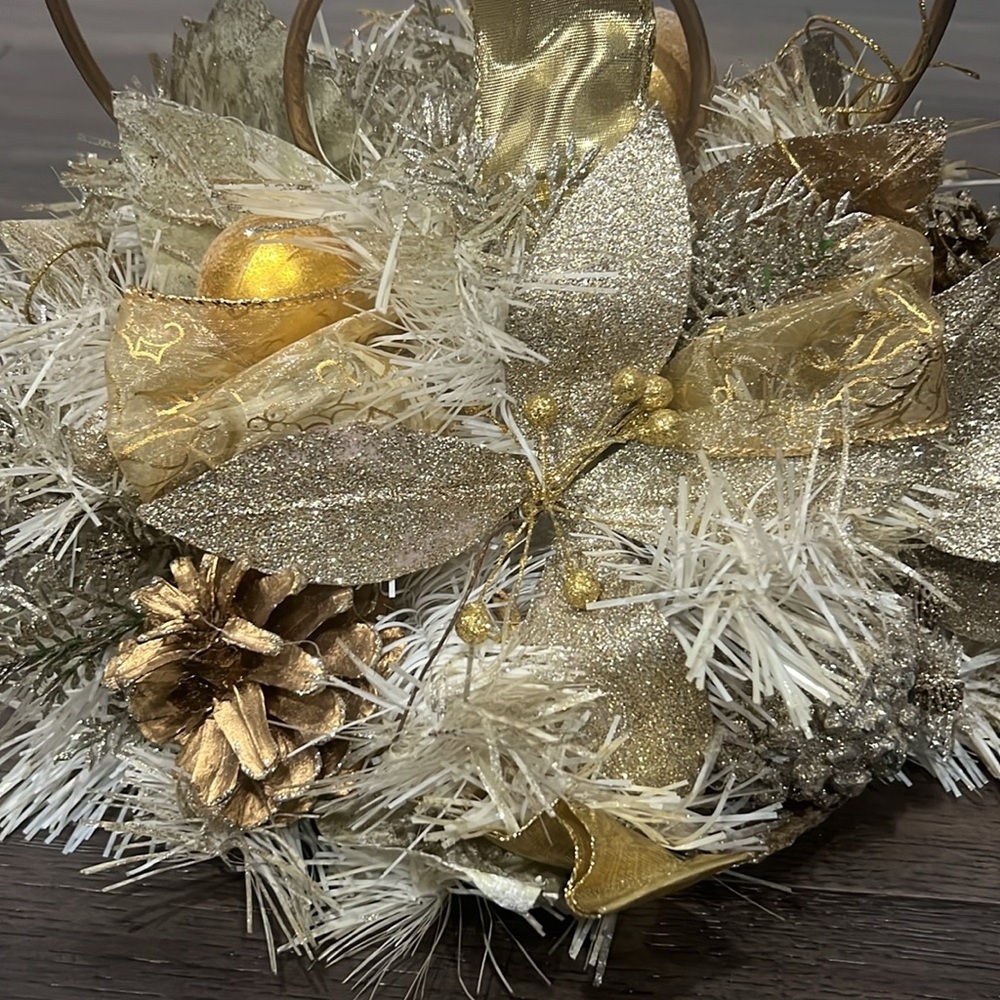 Gold Holiday three tier candle holder with glitter and ribbon - Picture 2 of 10